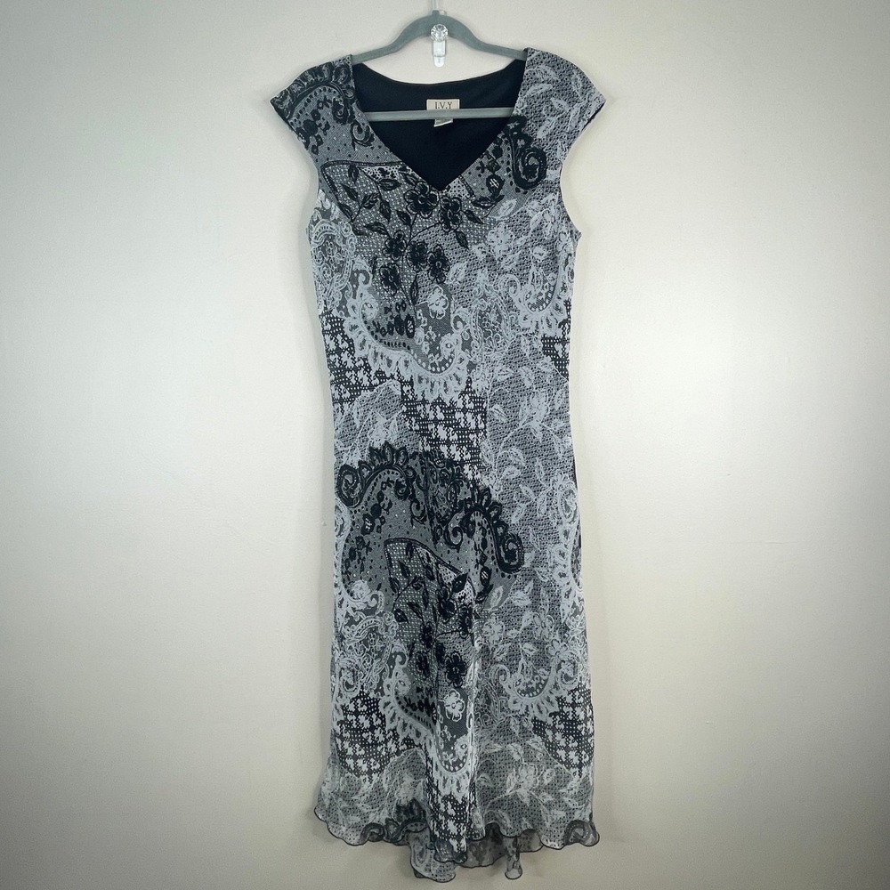 Vintage Y2K Whimsigoth Mesh Midi Dress 14 Flowy Ruffle AOP Bias Cut Lettuce Hem